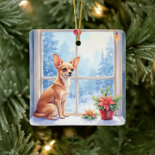 Chihuahua Snowy Windowsill Holiday Christmas Art Keramisch Ornament (Boom)