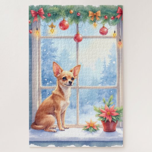 Chihuahua Snowy Windowsill Holiday Christmas Art Legpuzzel (Verticaal)