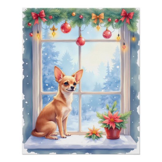 Chihuahua Snowy Windowsill Holiday Christmas Art Perfect Poster (Voorkant)