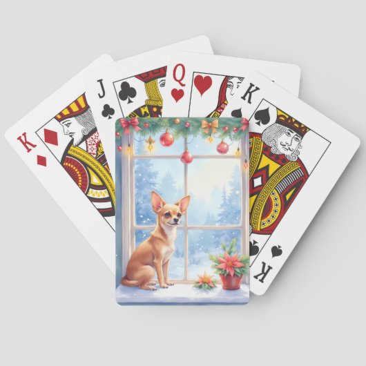 Chihuahua Snowy Windowsill Holiday Christmas Art Pokerkaarten (Achterkant)