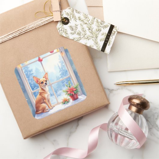 Chihuahua Snowy Windowsill Holiday Christmas Art Vierkante Sticker (Geschenken)