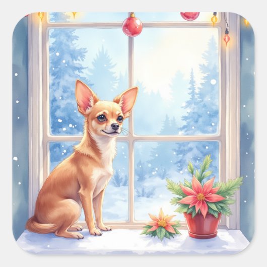 Chihuahua Snowy Windowsill Holiday Christmas Art Vierkante Sticker (Voorkant)
