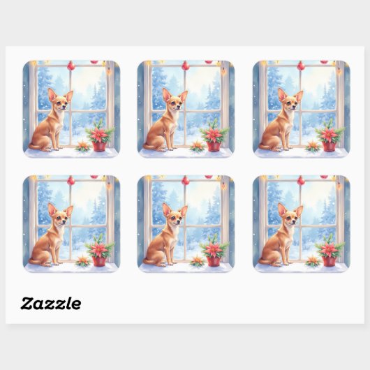 Chihuahua Snowy Windowsill Holiday Christmas Art Vierkante Sticker (Vel)