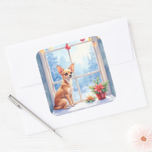 Chihuahua Snowy Windowsill Holiday Christmas Art Vierkante Sticker (Envelop)