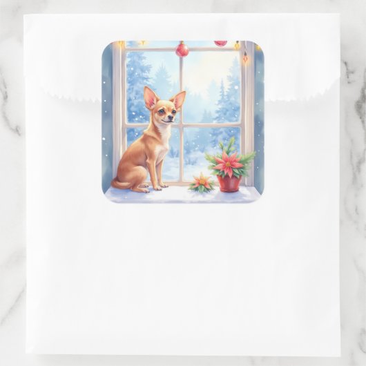 Chihuahua Snowy Windowsill Holiday Christmas Art Vierkante Sticker (Tas)