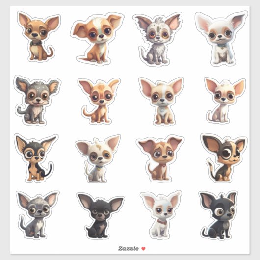 Chihuahua Sticker Blad 16 Dog Cartoon Chihuahuas (Vel)