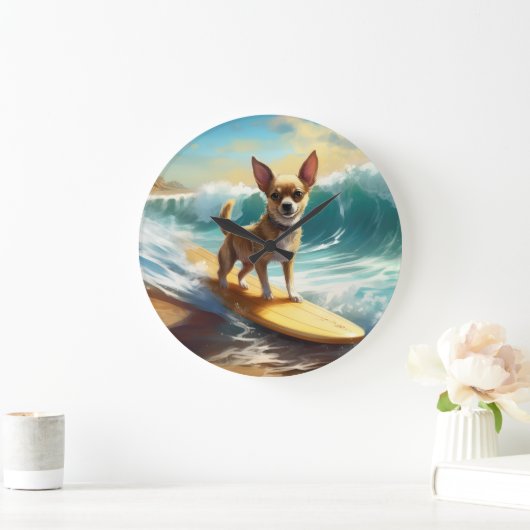 Chihuahua strand surfen schilderij grote klok (Huis)