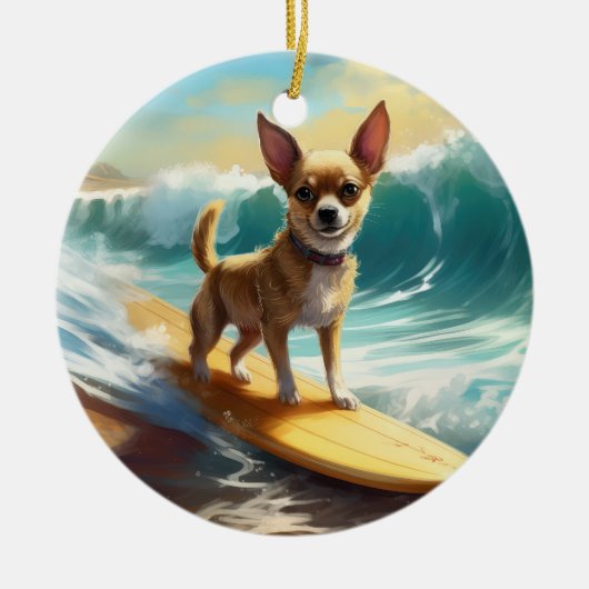 Chihuahua strand surfen schilderij keramisch ornament (Voorkant)