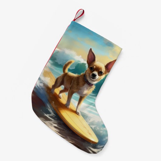 Chihuahua strand surfen schilderij kleine kerstsok (Voorkant (Hangend))