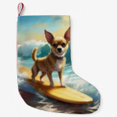 Chihuahua strand surfen schilderij kleine kerstsok (Voorkant)