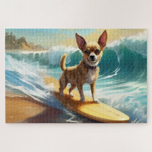 Chihuahua strand surfen schilderij legpuzzel (Horizontaal)