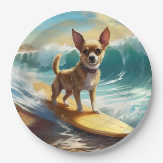 Chihuahua strand surfen schilderij papieren bordje (Voorkant)