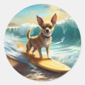 Chihuahua strand surfen schilderij ronde sticker (Voorkant)