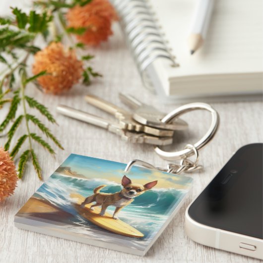 Chihuahua strand surfen schilderij sleutelhanger (Voorkant Rechts)