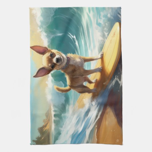 Chihuahua strand surfen schilderij theedoek (Verticaal)
