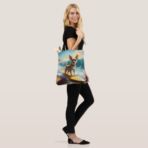 Chihuahua strand surfen schilderij tote bag