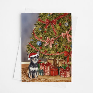 Chihuahua - Tri Gekleurde Waterverf Kerstboom Kaart