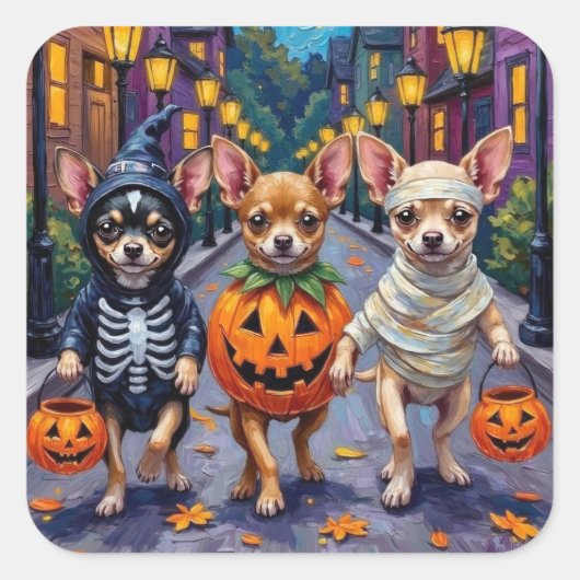 Chihuahua Trick-or-Treating in Halloween Kostuums Vierkante Sticker (Voorkant)