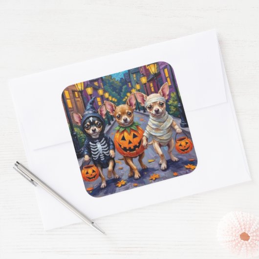 Chihuahua Trick-or-Treating in Halloween Kostuums Vierkante Sticker (Envelop)