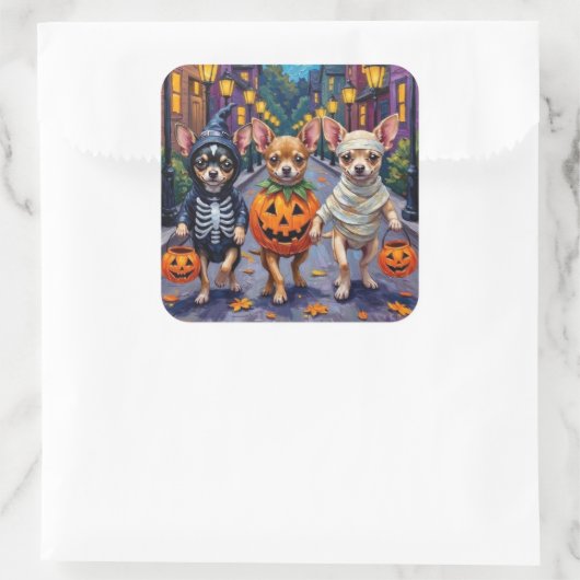 Chihuahua Trick-or-Treating in Halloween Kostuums Vierkante Sticker (Tas)