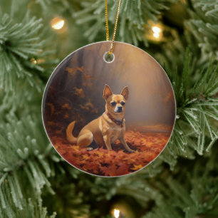 Chihuahua tussen vallende herfstbladeren inspireer keramisch ornament