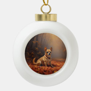 Chihuahua tussen vallende herfstbladeren inspireer keramische bal ornament
