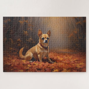 Chihuahua tussen vallende herfstbladeren inspireer legpuzzel