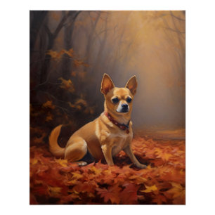 Chihuahua tussen vallende herfstbladeren inspireer perfect poster