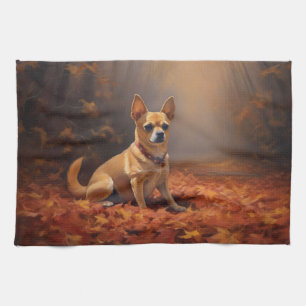 Chihuahua tussen vallende herfstbladeren inspireer theedoek