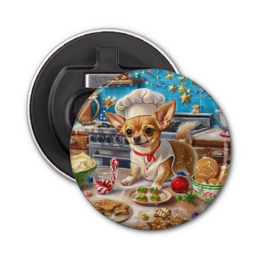 Chihuahua Vakantie Bakken: Feestelijke Kerstmis Button Flesopener (Voorkant)