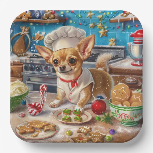 Chihuahua Vakantie Bakken: Feestelijke Kerstmis Papieren Bordje (Voorkant)