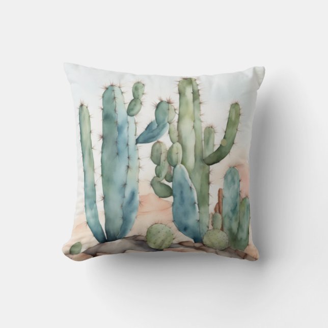 Chihuahuan Charm | Waterverf Cactus Decoratief Kussen (Voorkant)