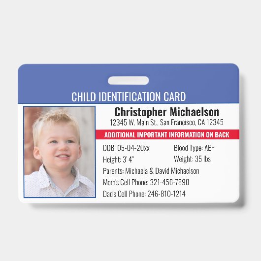 Child Allergy Photo Identification Emergency ID Badge (Voorzijde)