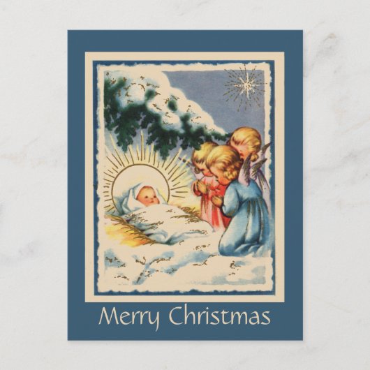 Child Angels Baby Jesus en Snowy Pine Tree Briefkaart (Voorkant)