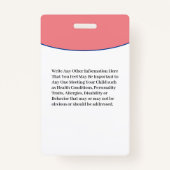 Child Boy Girl ID Identification Card Allergy Badge (Achterkant)