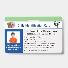 Child Boy Girl ID Identification Card Personaliser Badge