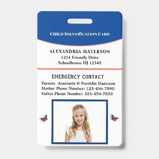 Child Boy Girl ID Identification Card Personaliser Badge (Voorzijde)