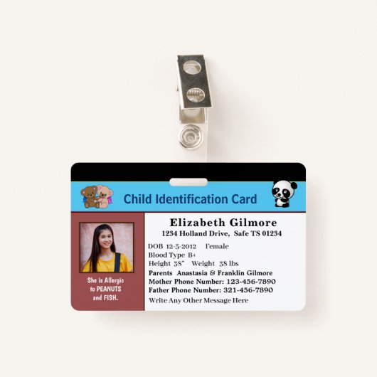 Child Boy Girl ID Identification Card Personaliser Badge (Voorkant met clip)