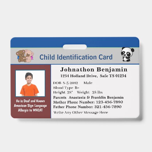 Child Boy Girl ID Identification Personalize Card Badge (Voorzijde)