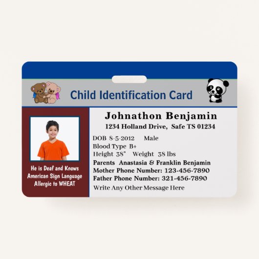Child Boy Girl ID Identification Personalize Card Badge (Voorkant)