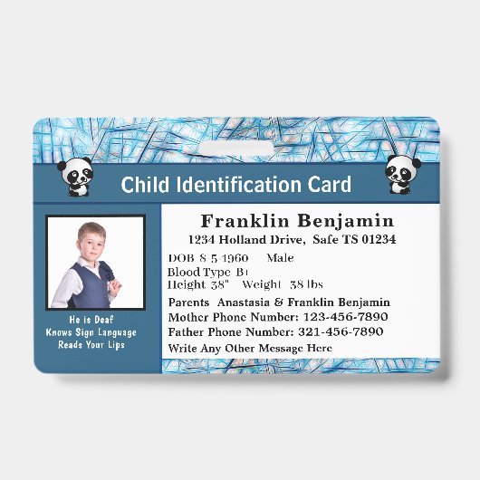 Child Boy Girl ID Identification Personalize Card Badge (Voorkant)