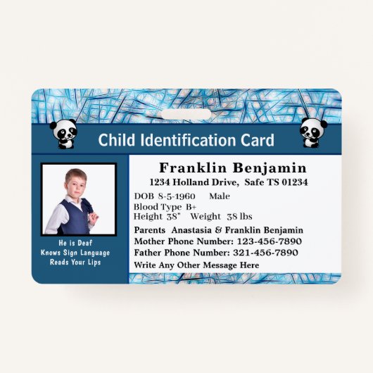 Child Boy Girl ID Identification Personalize Card Badge (Voorkant)