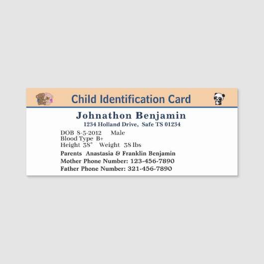 Child Boy Girl ID Identification Personalize Card Naamplaatje (Voorkant)