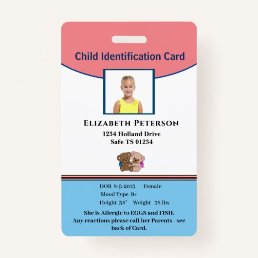 Child Boy Meisje ID Identificatie Personaliseren Badge (Voorkant)