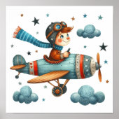 Child Flying Propeller Vliegtuig Whimsical Nursery Poster (Voorkant)