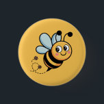 Child-Friendly Bee Mascot with Dotted Trail Ronde Button 3,2 Cm<br><div class="desc">Bring a buzz of happiness to your next celebration with this adorable cartoon bumblebee illustration. Featuring a friendly, smiling bee with rosy cheeks and a playful dotted flight path, this design is perfect for creating a cohesive look for "Bee-day" parties, baby showers, or nursery decor.</div>