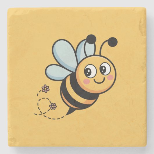 Child-Friendly Bee Mascot with Dotted Trail Stenen Onderzetter (Voorkant)