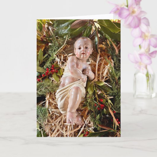 Child in Manger Christmas Card Kaart (Orchidee)