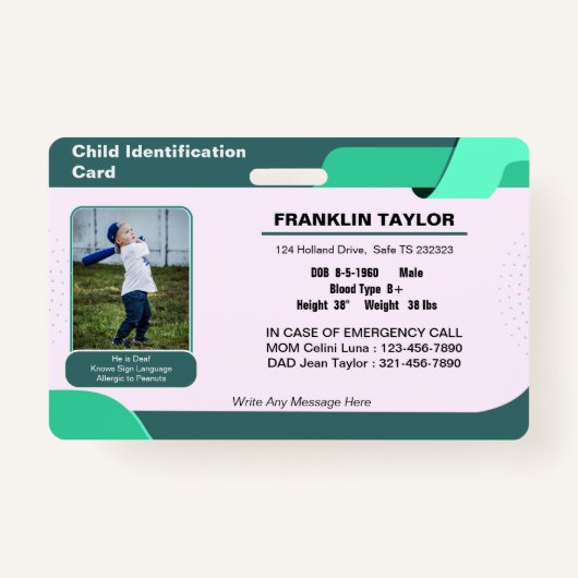 Child Photo Emergency ID Identification Kaart Badg Badge (Voorkant)