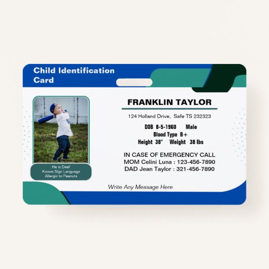 Child Photo Emergency ID Identification Kaart Badg Badge (Voorkant)